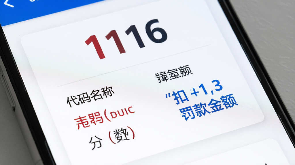 违章代码指南详情页展示,手机屏幕特写,显示着违章代码“1116”的详细说明,包括代码名称、扣分分数和罚款金额,数字用醒目的红色和蓝色标注,背景为干净的白色卡片式布局,风格清爽商务,画质清晰,干净无多余元素