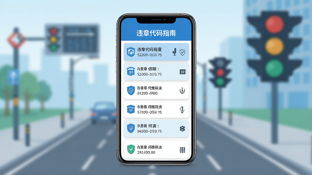违章代码指南应用主界面展示,画面中央是一部智能手机,屏幕上显示着清晰的违章代码查询列表,背景是模糊的城市道路和交通信号灯,整体风格简洁现代,采用扁平化设计,色调以蓝色和白色为主,光线明亮柔和,画质清晰,干净无多余元素