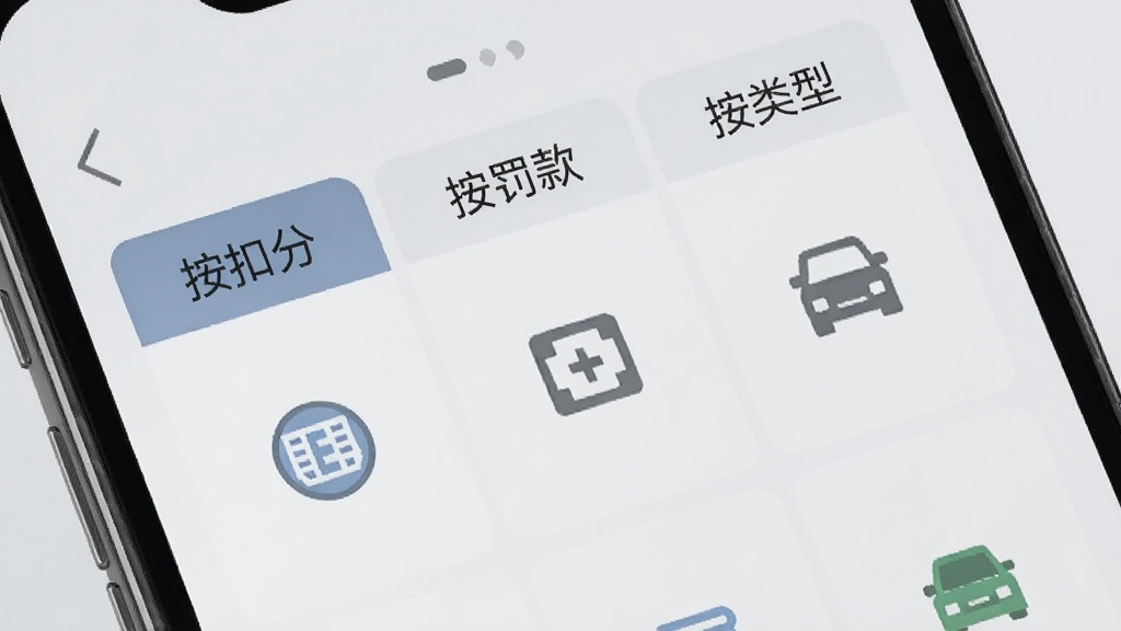 违章代码指南分类检索界面展示,画面中手机屏幕显示着多个分类标签如“按扣分”“按罚款”“按类型”,每个标签下方有对应的图标,背景是淡雅的浅灰色,风格简约商务,画质清晰,干净无多余元素