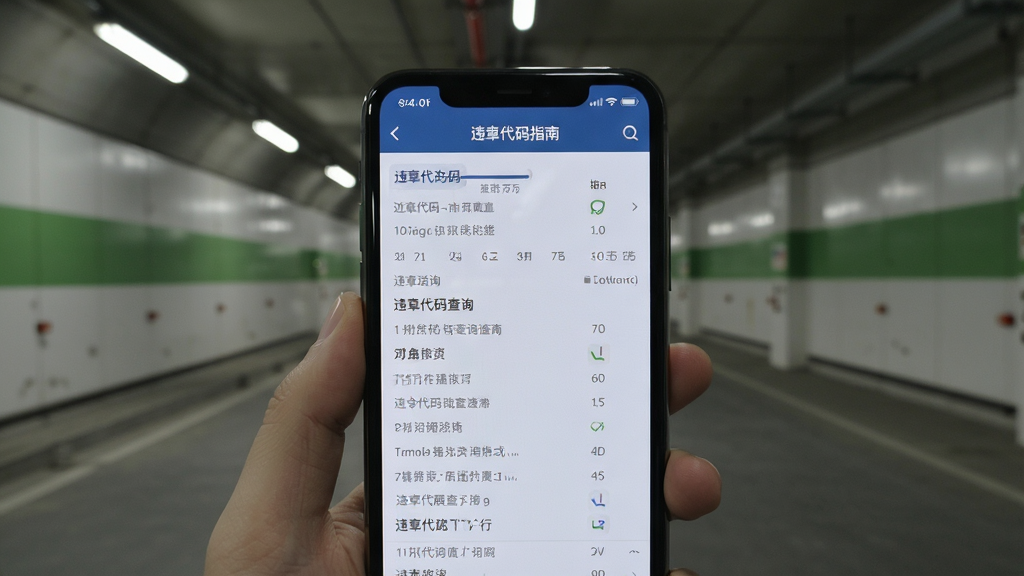 违章代码指南离线功能展示,画面中手机处于飞行模式或信号微弱状态,但屏幕上依然清晰显示着违章代码查询结果,背景是隧道或地下车库的场景,风格写实,画质清晰,干净无多余元素