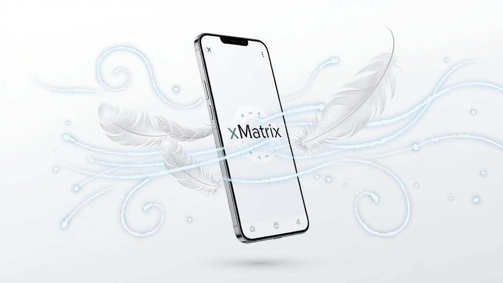 一张展示xMatrix轻量化运行架构的抽象图,画面中一部轻薄的智能手机悬浮在画面中央,手机周围有羽毛和气流线条环绕,象征轻盈流畅,手机屏幕上显示