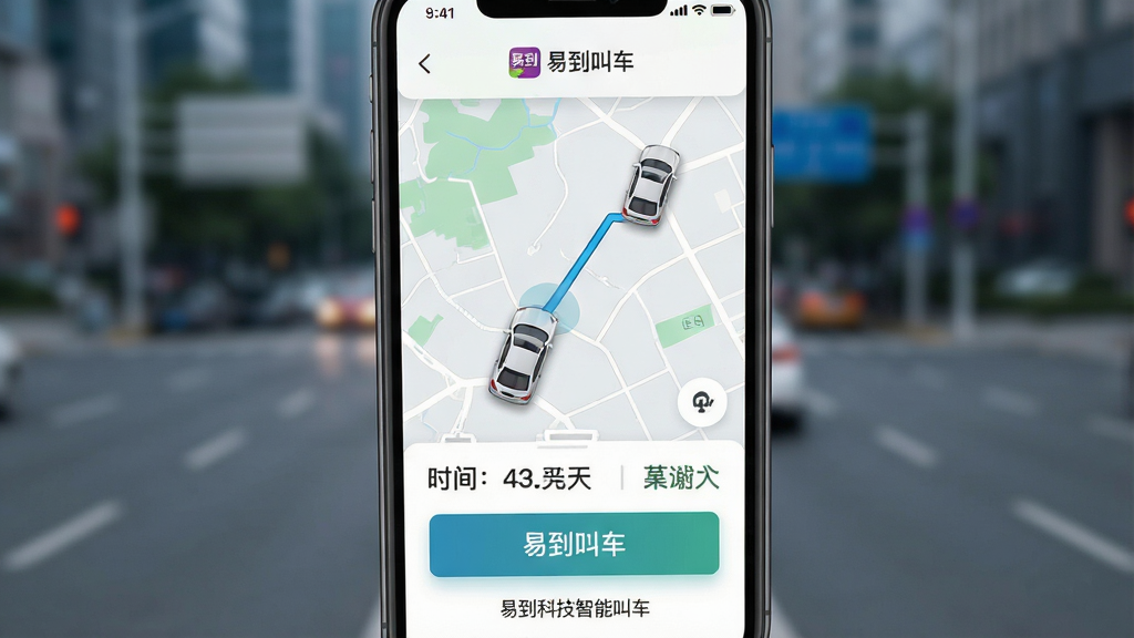 一张展示易到科技智能叫车功能的生图,主体为手机屏幕显示叫车界面,地图上标注车辆位置和路线;布局为手机屏幕特写,背景为城市道路虚化;排版上叫车按钮和车辆信息突出显示;风格为科技感UI设计;细节包含车辆图标、路线轨迹、时间预估文字;画质清晰,干净,无多余元素