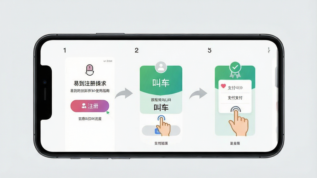一张展示易到科技新手使用指南的生图,主体为手机屏幕显示应用操作步骤界面,包含注册、叫车、支付等流程图示;布局为手机居中,背景为浅灰色;排版上步骤编号清晰,箭头引导操作流程;风格为教程图解风格;细节包含手机界面截图、操作手势图标;画质高清,干净,无多余元素