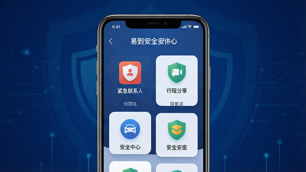 一张展示易到科技安全保障功能的生图,主体为手机屏幕显示安全中心界面,包含紧急联系人、行程分享等安全功能图标;布局为手机居中,背景为深蓝色安全主题色;排版上安全功能图标整齐排列;风格为安全科技感;细节包含盾牌图标、安全标识;画质高清,干净,无多余元素