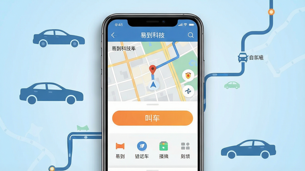 一幅展示易到科技移动应用界面的生图,主体为一部智能手机,屏幕上显示易到科技APP的主页界面,包含地图导航、叫车按钮和功能图标;布局为手机居中放置,背景为浅蓝色渐变,周围环绕着抽象的出行元素如汽车轮廓、路线图;排版简洁清晰,APP界面占据视觉中心;风格为现代科技感,扁平化设计;细节上手机有轻微阴影,屏幕内容清晰可辨,界面文字为中文;画质高清,干净,无多余元素