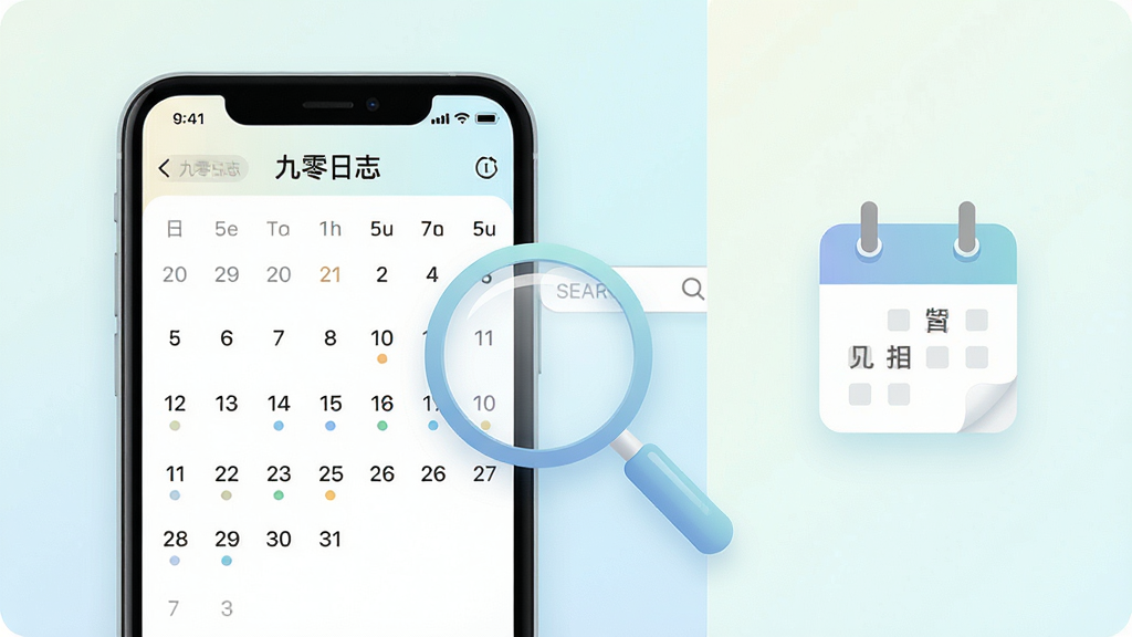 一张展示“九零日志”日历索引功能的图片,画面中央是一部手机,屏幕显示月历视图,部分日期下方有小圆点标记,旁边有放大镜和搜索框元素,布局采用左右分栏,左侧手机右侧日历图标,风格为清新浅色扁平设计,细节包括柔和渐变和高光,画质清晰,干净,无多余元素