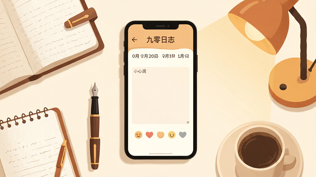 一张展示手机日记应用界面的图片,画面中央是一部竖屏智能手机,屏幕上显示“九零日志”应用的主界面,包含日期标题、文字输入框和心情图标,手机周围环绕着笔记本、钢笔、咖啡杯和暖色台灯,布局简洁居中,排版清晰,风格为温暖治愈的扁平插画,细节包括纸张纹理和柔和阴影,画质高清,干净,无多余元素