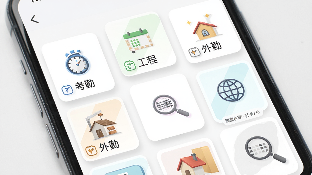 随意改水印打卡相机模板选择页面,画面为手机应用界面,屏幕中排列多个水印模板卡片,卡片上有考勤、工程、外勤等字样和不同配色图标,布局为网格排列,风格为清新简约风,细节包含卡片阴影和文字标签,画质高清,干净,无多余元素