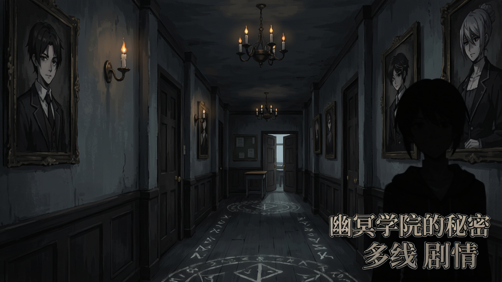 一幅动漫风格的学院走廊场景插画,画面主体是一条昏暗的学院走廊,两侧墙壁挂满复古肖像画,画面布局为透视纵深构图,排版左侧为走廊延伸右侧为人物剪影,风格为暗黑悬疑动漫风,细节包括闪烁的吊灯、地面上的神秘符文、远处半开的教室门,画质高清,干净,无多余元素,画面中打文字
