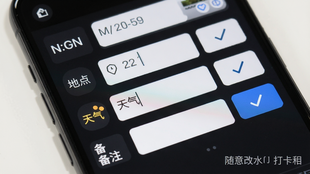 随意改水印打卡相机水印编辑功能界面,画面为手机屏幕特写,屏幕中显示可编辑的水印字段列表,包含时间、地点、天气、备注等文字项,旁边有输入框和确认按钮,布局整齐,风格为扁平化UI展示风,细节清晰,画质高清,干净,无多余元素