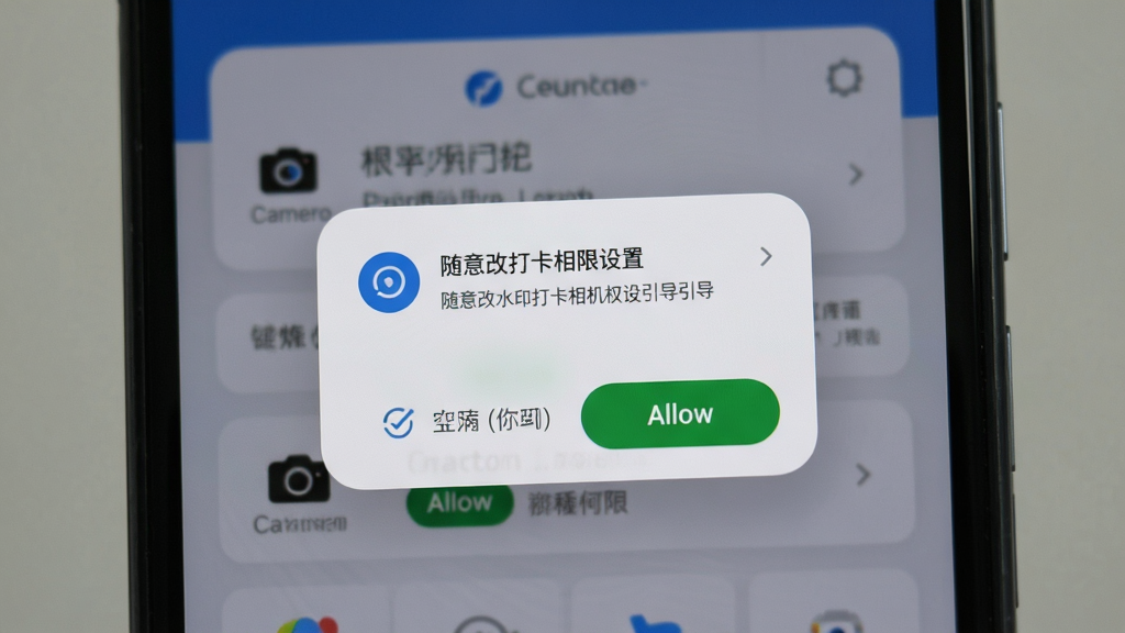 随意改水印打卡相机权限设置引导页面,画面为手机屏幕特写,屏幕内显示相机权限和存储权限的授权弹窗,背景为应用主界面,布局居中,风格为写实系统UI风,细节包含权限图标和允许按钮,画质高清,干净,无多余元素