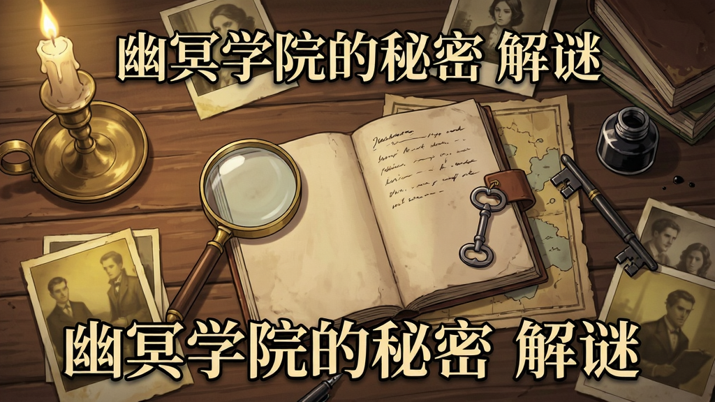 一幅动漫风格的解谜场景插画,画面主体是一张古老的木桌上摆放着放大镜、日记本、钥匙和地图碎片,画面布局为俯视视角,排版四周散落线索物品,风格为复古悬疑风,细节包括烛台、墨水笔、泛黄的照片,画质高清,干净,无多余元素,画面中打文字