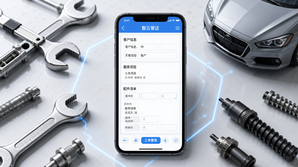 智云管店移动开单功能界面,画面主体为手机屏幕特写,显示工单创建页面,包含客户信息、服务项目、配件清单等填写区域,周围环绕汽车维修工具与配件元素,布局居中,风格简洁科技感,细节清晰,画质高清,干净,无多余元素