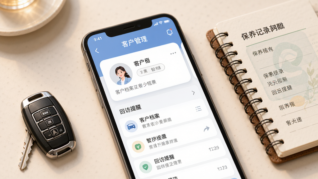 智云管店客户管理界面,手机屏幕显示客户档案卡片与回访提醒列表,旁边有汽车钥匙与保养记录本作为点缀,布局错落有致,风格温和亲切,细节细腻,画质高清,干净,无多余元素