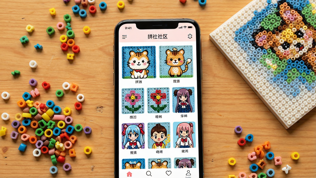 一张展示拼豆社区手机应用界面的图片,画面中央是一部智能手机,屏幕显示拼豆社区APP的首页,上面排列着色彩缤纷的拼豆图纸缩略图,有卡通动物、花朵、动漫角色等图案,手机周围散落着五颜六色的拼豆颗粒和一块方形拼豆板,背景是温暖的木纹桌面,整体风格清新明快,细节丰富,画质清晰,干净整洁,无多余元素