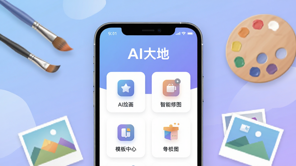AI大地软件主界面展示,画面中央是手机屏幕,屏幕内显示AI大地应用首页,顶部有AI大地文字标识,页面包含AI绘画、智能修图、模板中心等功能入口图标,背景是柔和的蓝紫渐变色调,周围环绕着画笔、调色板、图片缩略图等创意元素,整体风格清新科技感,布局简洁明了,画面干净无多余元素,高清画质