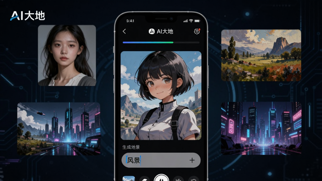 AI大地智能绘画引擎功能展示图,画面展示手机屏幕中AI大地应用正在生成一幅动漫风格插画,屏幕下方有文字输入框写着风景,上方显示生成进度条,屏幕周围漂浮着多张不同风格的生成作品缩略图,包括写实人像、油画风景、赛博朋克城市,背景为深色科技感渐变,画面中带有AI大地文字标识,布局清晰,风格现代,高清画质,干净无多余元素