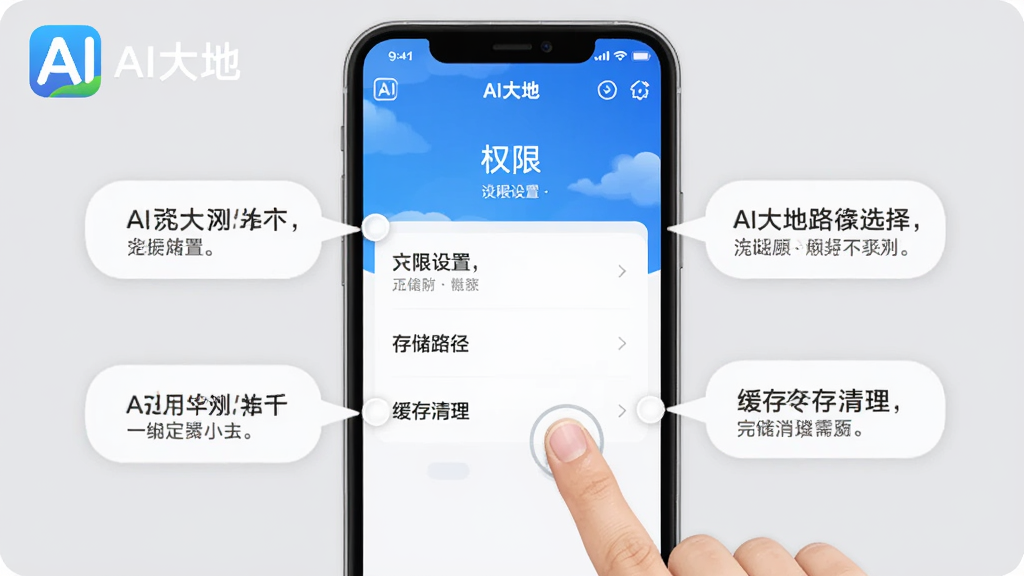 AI大地新手操作界面指引图,手机屏幕中显示AI大地应用的操作界面,画面中有手指点击屏幕的示意动作,界面标注了权限设置、存储路径选择、缓存清理等设置项,周围有提示气泡文字说明,背景为浅灰色,风格简洁清晰,画面中有AI大地文字标识,高清画质,干净无多余元素