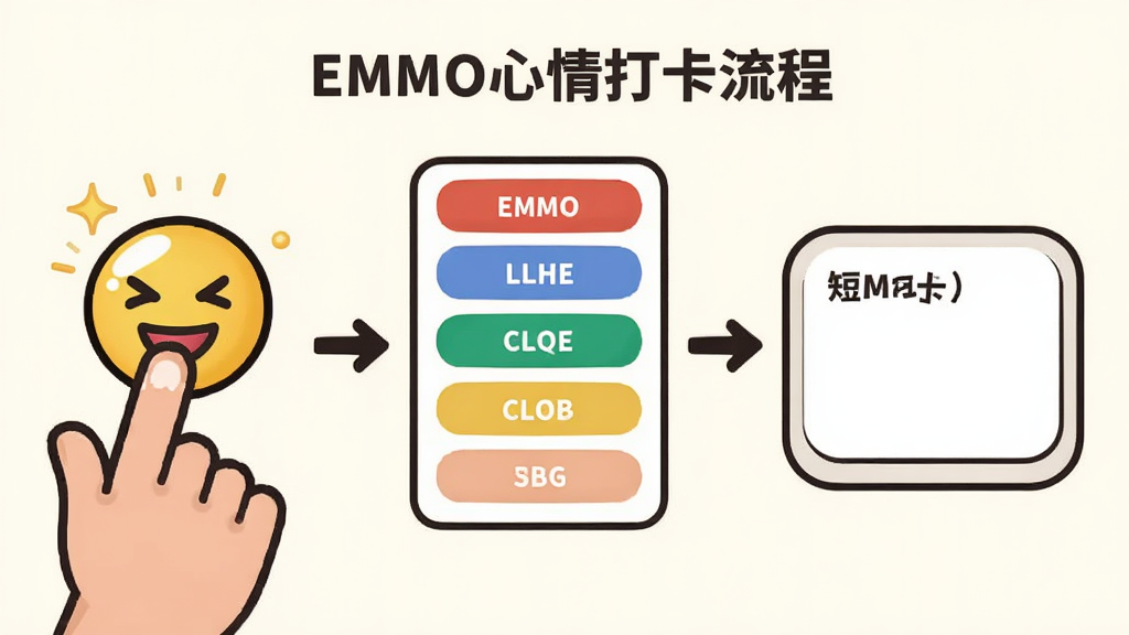 一张展示EMMO心情打卡流程的示意图,画面左侧是手指点击表情图标,中间是颜色标签选择面板,右侧是短句输入框,三个步骤用箭头连接,背景为米白色,风格简约卡通,细节包括表情图标的高光效果和输入框的圆角设计,画质清晰,干净无杂物
