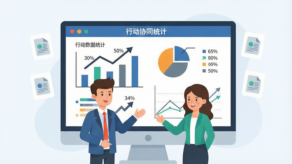 一张展示数据分析仪表盘的扁平化插画,画面中央是一块大屏幕显示行动协同的数据统计图表,包含柱状图、饼图和折线图,屏幕前方有两位卡通人物正在讨论数据,布局采用中心聚焦构图,风格为商务扁平化插画,细节包含百分比数字、趋势箭头、报表图标,画质清晰干净,画面中带有