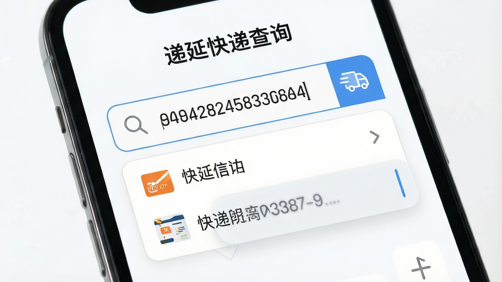 一张展示“递延快递查询”智能识别功能的图片,画面中手机屏幕显示一个搜索框,搜索框内有一串数字单号,下方自动弹出对应的快递公司名称和图标,背景为白色,布局为上下结构,风格为清新浅色,细节包括放大镜图标、自动填充效果,画质高清,干净,无多余元素