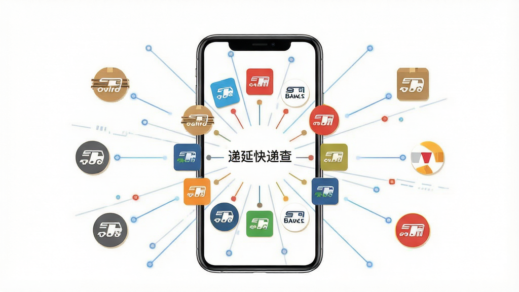 一张展示“递延快递查询”软件功能的示意图,画面中央是一部智能手机,手机屏幕内显示多个快递公司logo环绕排列,形成聚合效果,背景为白色,布局采用中心放射状,风格为科技感扁平插画,细节包括彩色图标、连接线条,画质高清,干净,无多余元素