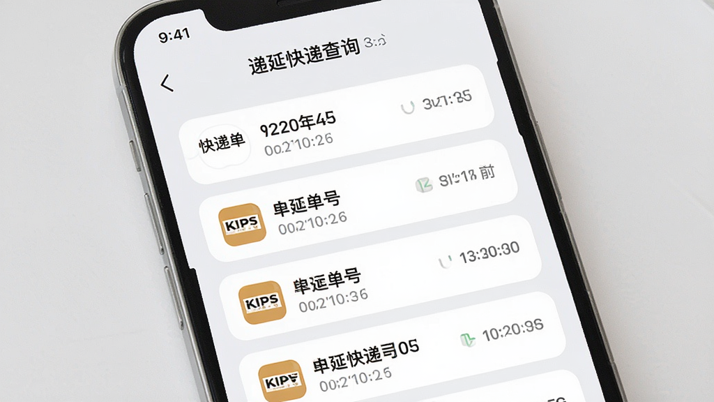 一张展示“递延快递查询”历史记录界面的图片,画面中手机屏幕显示一个列表,列表项包含快递单号、快递公司图标和查询时间,背景为浅灰色,布局为纵向列表,风格为柔和圆角,细节包括卡片式设计、时间戳,画质高清,干净,无多余元素