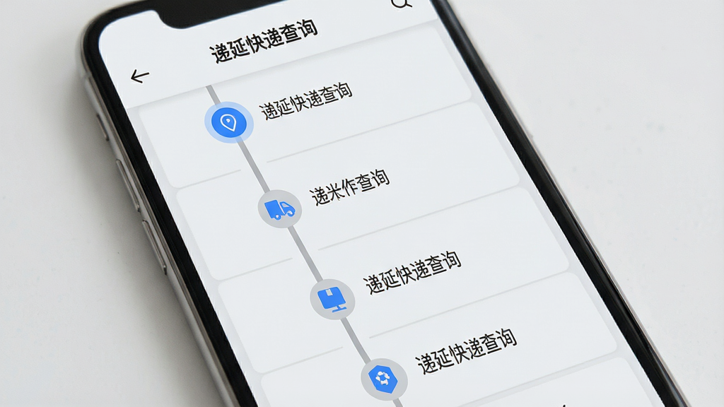 一张展示“递延快递查询”物流轨迹界面的图片,画面中手机屏幕显示一条垂直时间线,时间线上有多个节点图标,每个节点旁有文字说明,背景为浅灰色,布局为纵向列表,风格为简约商务,细节包括蓝色高亮节点、灰色连接线,画质高清,干净,无多余元素