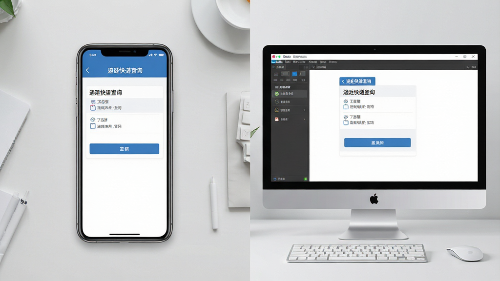 一张展示“递延快递查询”在手机和电脑模拟器上同时运行的对比图,画面左侧为手机屏幕显示查询界面,右侧为电脑模拟器窗口显示相同界面,背景为浅灰色桌面,布局为左右对比,风格为简约商务,细节包括设备边框、界面同步效果,画质高清,干净,无多余元素