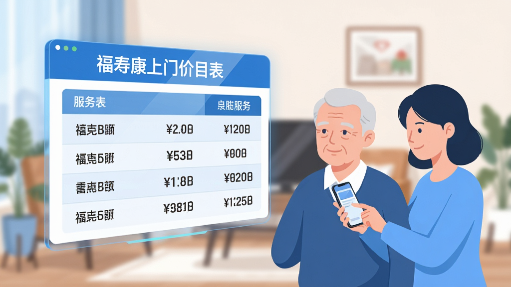 画面中央是一个悬浮的数字化价目表界面,上面清晰列出“福寿康上门价目表”字样及各项服务价格,价目表旁边有一位老人和一位家属正在用手机查看。布局采用前后景层次,价目表在前景突出显示。风格为现代科技感扁平插画,色调以蓝色和白色为主。细节上,价目表数字清晰,家属表情轻松,背景有模糊的家庭场景。画质高清,画面干净整洁,无多余元素。
