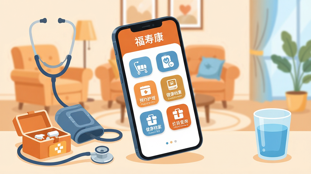 画面中央放置一部智能手机,手机屏幕显示“福寿康”应用首页界面,界面中包含预约护理、健康档案、价目查询等图标按钮。手机周围环绕着听诊器、血压计、药盒、一杯温水等居家养老元素。布局采用中心对称构图,手机略微倾斜展示。风格为干净明亮的扁平化插画,色调以温暖的橙色和清新的蓝色为主。细节上,手机屏幕内容清晰可辨,图标圆润友好,背景有淡淡的家庭客厅轮廓。画质高清,整体干净整洁,无多余杂乱元素。