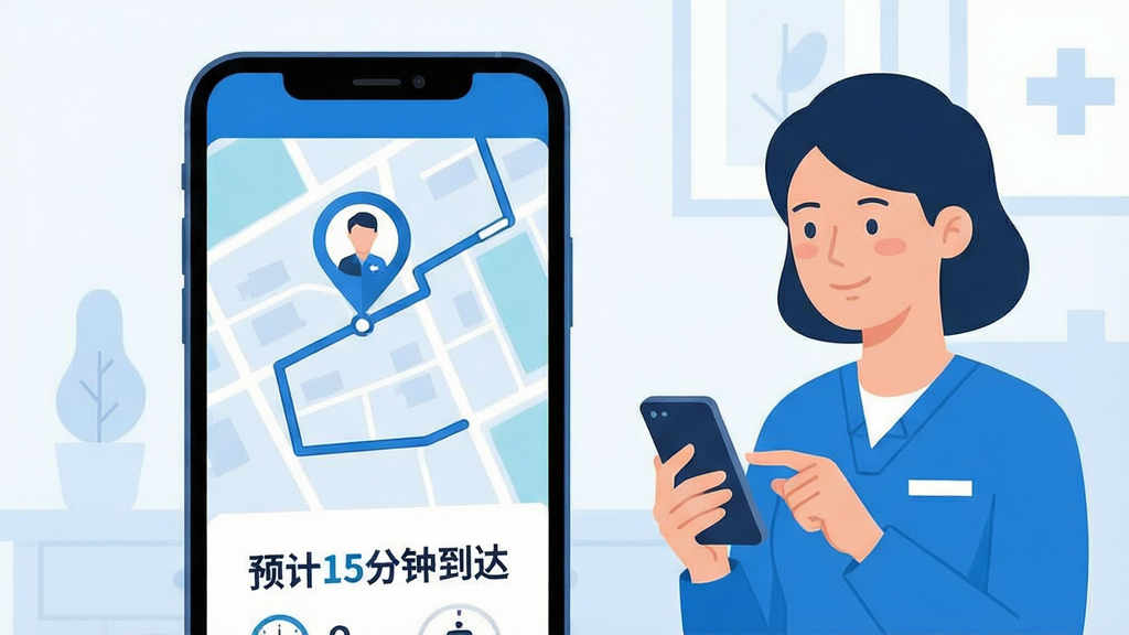 画面展示手机屏幕上的订单跟踪界面,地图上有一个移动的护理人员图标,下方显示“预计15分钟到达”字样。手机旁边有一位用户正在查看,表情安心。布局采用中心聚焦,手机屏幕内容清晰可见。风格为现代扁平化设计插画,色调以蓝色和白色为主。细节上,地图路线清晰,时间提示醒目。画质高清,画面干净整洁,无多余元素。