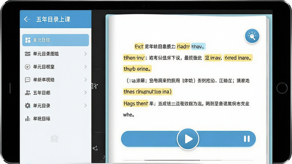 一张展示五年级英语上册软件界面的预览图,画面中央是打开的电子课本页面,左侧为单元目录导航,右侧显示课文内容与播放按钮,整体布局清晰,风格为清新教育类APP界面,细节包含单词高亮、点读图标,画质干净,无多余元素