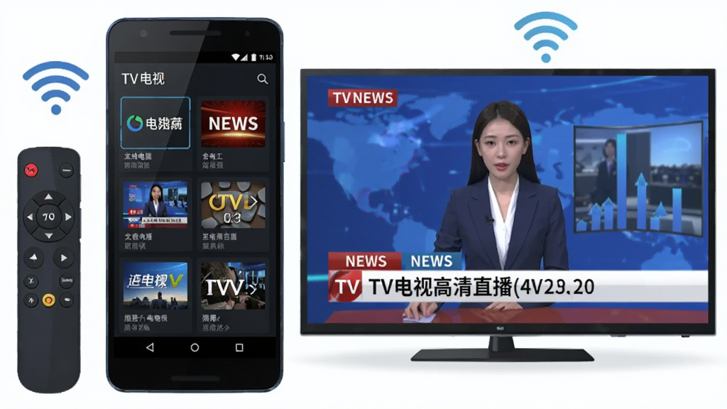 ����Ϊһ����׿�ֻ���һ̨���ܵ��Ӳ���չʾ���ֻ���Ļ��ʾTV���Ӹ���ֱ����Ƶ���б����棬������Ļ���Ÿ������Ż��棬���ֲ������ҷ�����ͼ���Ű����������Ϊ�Ƽ��б�ƽ���廭��ϸ�ڰ���ң������WiFi�ź�ͼ�ꡢƵ������ͼ������Ϊ4K���壬����ɾ��޶���Ԫ�أ�ͼ�����ֱ�ע��TV���Ӹ���ֱ����
