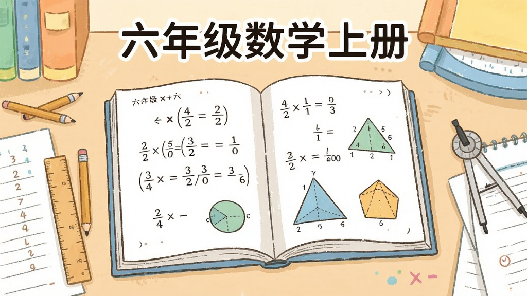 一张展示小学六年级数学学习场景的插画,画面中央是一本打开的数学课本,书页上写有分数乘法算式和几何图形,课本周围摆放着铅笔、直尺、圆规和练习本,背景是整洁的书桌,整体风格清新明快,色彩柔和,画质清晰,干净无多余元素,图片中标注文字“六年级数学上册”