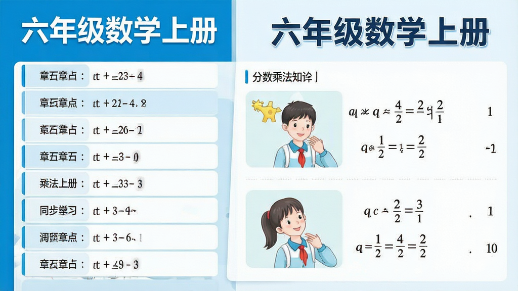 一张展示六年级数学上册教材同步学习界面的示意图,画面左侧是章节列表,右侧是分数乘法知识点的图文讲解,界面风格清爽,主色调为蓝色和白色,画面中清晰标注“六年级数学上册”字样,布局规整,排版清晰,画质干净,无多余装饰元素