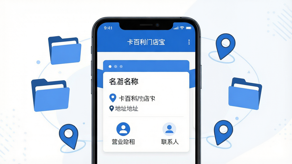一幅关于门店信息管理工具的AI生图,画面主体为一部安卓手机,手机屏幕显示“卡百利门店宝”的门店信息卡片页面,卡片内包含门店名称、地址、营业时间和联系人图标,手机周围环绕着漂浮的文件夹图标和定位标签,布局采用中心对称构图,风格为现代商务扁平插画,细节上图标线条简洁,色彩以蓝白为主,画质高清,背景干净,无多余装饰元素