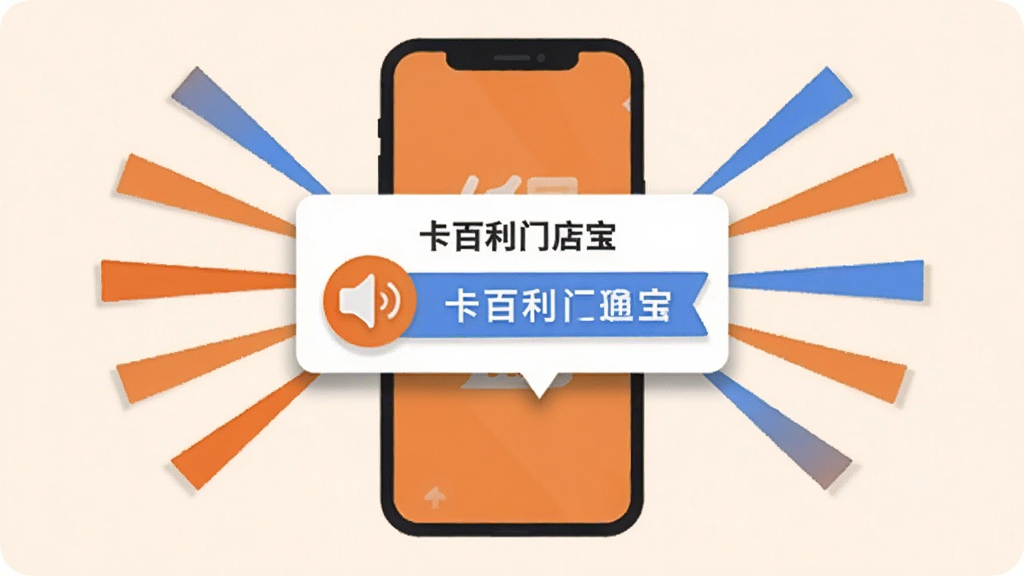 一幅表现消息通知功能的图片,画面中央是一部手机,屏幕弹出“卡百利门店宝”的活动通知卡片,卡片上有喇叭图标和文字横幅,手机四周有放射状线条表示消息传播,布局为居中构图,风格为扁平化插画,细节上通知卡片有轻微阴影,色彩以橙色和蓝色点缀,画质干净,背景为浅色,无多余元素