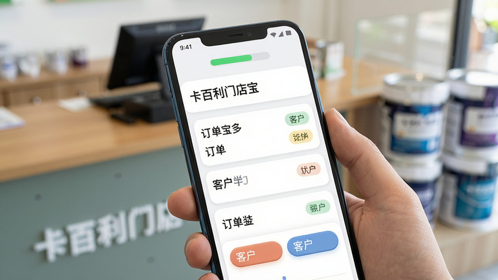 一张关于订单跟进场景的AI生图,主体为一只手握持安卓手机,手机屏幕显示“卡百利门店宝”的订单列表和客户标签页面,屏幕上方有进度条图标,背景虚化显示门店柜台和涂料桶,布局采用近景特写,风格为写实摄影风,细节上手机界面按钮圆润,订单状态用不同颜色区分,画质清晰,光线明亮,无多余元素