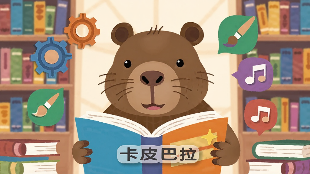 一只卡皮巴拉在图书馆里翻阅彩色书籍,周围漂浮着各种功能图标如齿轮、画笔、音乐符号,画面中央有