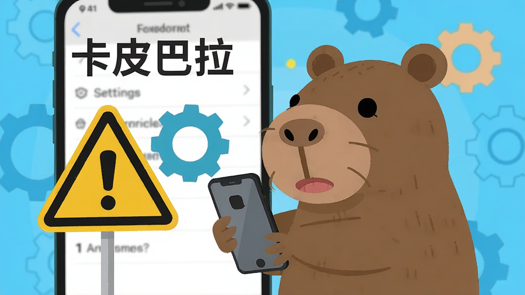 一只卡皮巴拉拿着手机,旁边有警示标志和齿轮图标,背景是手机设置界面元素,画面中有