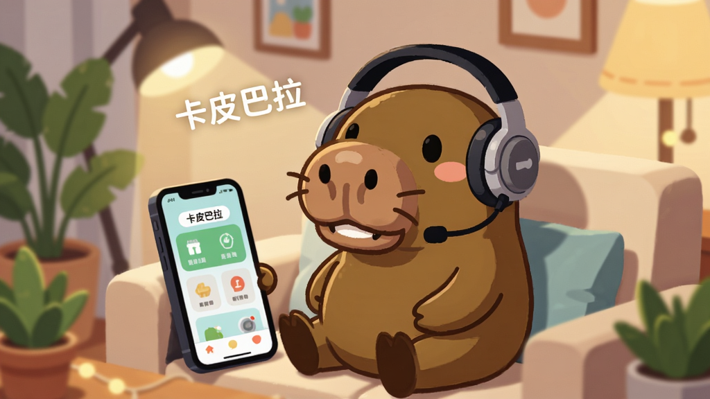 一只卡通卡皮巴拉戴着耳机坐在沙发上,面前是手机屏幕显示清新界面,周围有绿植和暖色灯光,背景温馨居家环境,画面中带有