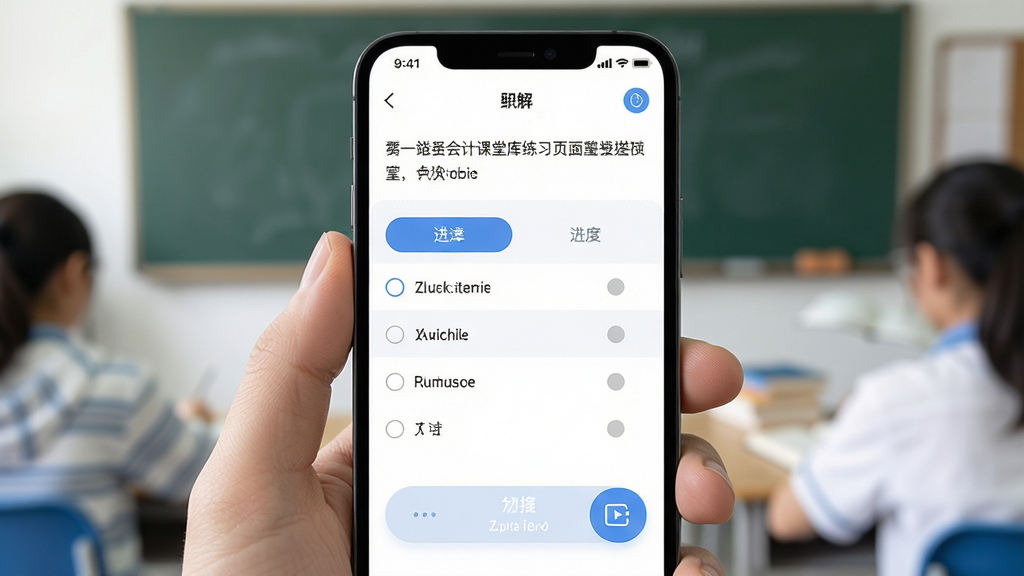 会计课堂题库练习页面生图,主体为手机屏幕中的选择题界面,布局上方为题干下方为四个选项,排版工整,风格为清爽学习类App,细节包含选项按钮、答题卡进度、解析入口图标,画质清晰,干净,无多余元素