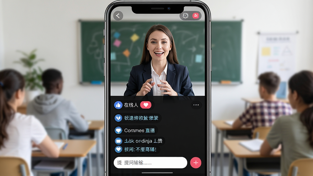 会计课堂直播课堂场景生图,主体为手机直播界面与讲师画面,布局上方为讲师视频下方为互动评论区,排版清晰,风格为在线教育直播风格,细节包含在线人数、点赞按钮、提问输入框,画质清晰,干净,无多余元素