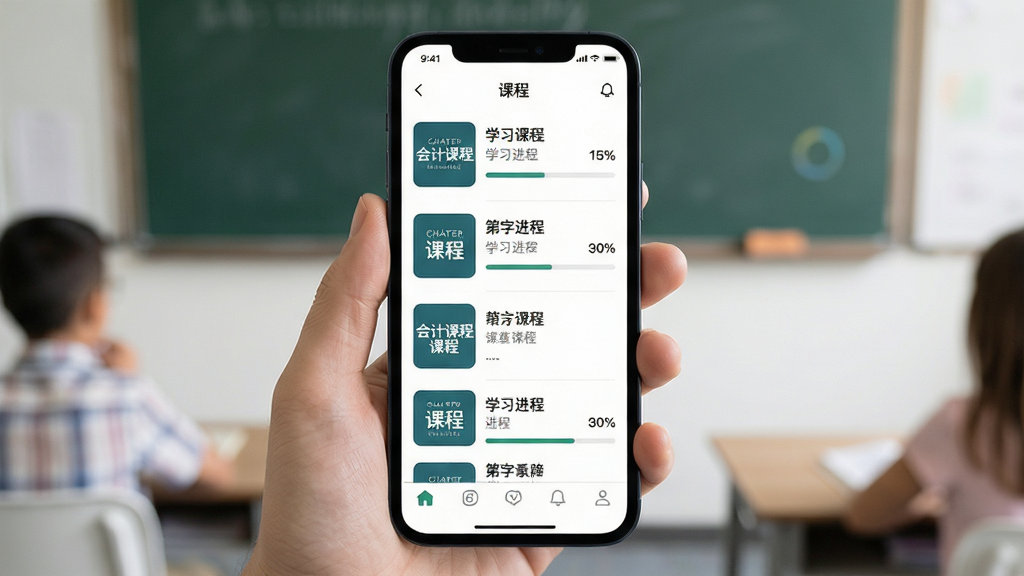 会计课堂手机应用界面展示,主体为一台竖屏智能手机,屏幕中显示课程列表与学习进度条,布局居中对齐,排版简洁明快,风格为现代教育类App设计,细节包含课程封面缩略图、章节标题、进度百分比、底部导航栏图标,画质清晰,干净,无多余元素