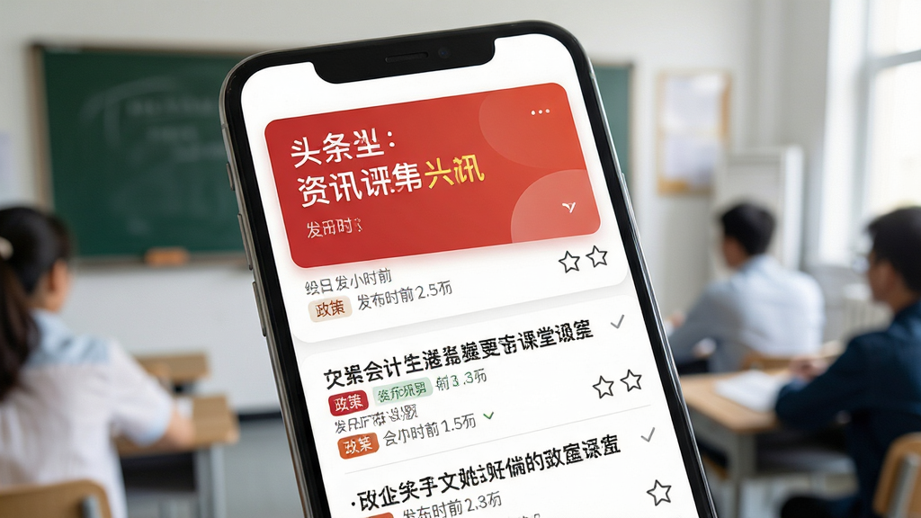 会计课堂资讯板块生图,主体为手机屏幕中的新闻列表,布局上方为头条卡片下方为资讯条目,排版规整,风格为资讯阅读类界面,细节包含政策标签、发布时间、收藏图标,画质清晰,干净,无多余元素