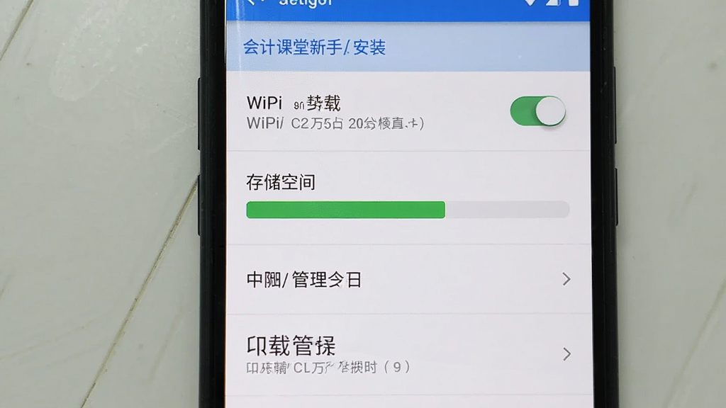 会计课堂新手安装设置界面生图,主体为手机屏幕中的权限设置与下载选项,布局为纵向列表,排版清晰,风格为安卓系统设置界面,细节包含WiFi下载开关、存储空间条、权限管理入口,画质清晰,干净,无多余元素