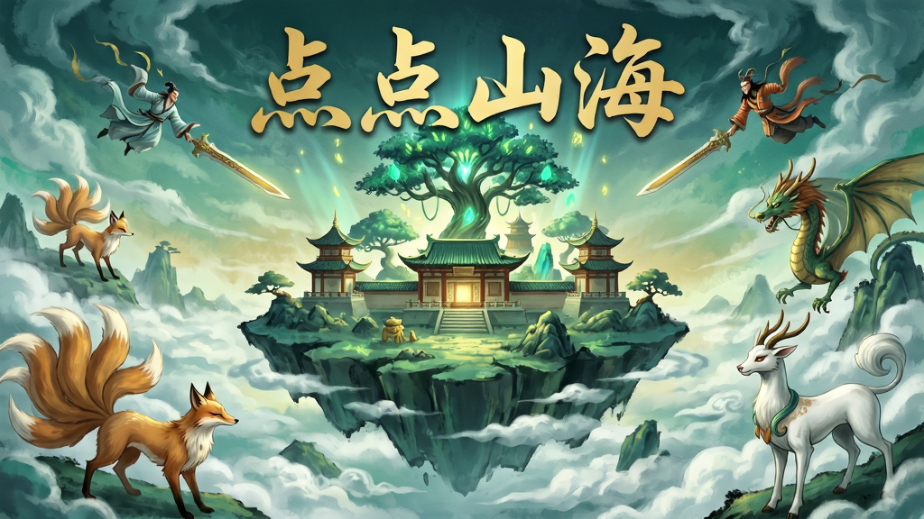 一幅展现中国上古神话世界的宏大场景插画,画面中央是一座漂浮在云海之上的仙山,山上有古典中式楼阁与发光的神树,周围环绕着各种奇珍异兽如九尾狐、应龙、白泽等,天空中有仙人御剑飞行,整体色调以青绿与金色为主,风格偏向国风水墨与奇幻插画结合,布局采用中心对称构图,细节丰富,画质清晰干净,画面中正上方写有“点点山海”四个金色大字,无多余元素。