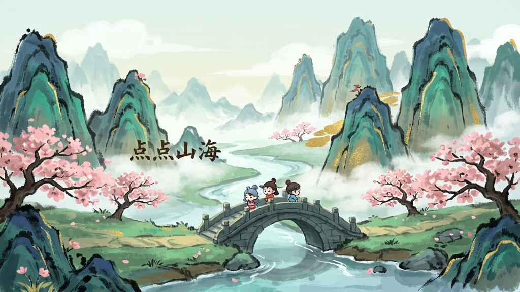 一幅国风水墨与青绿山水结合的游戏场景概念图,画面展示“点点山海”中的仙境场景,远处群山叠嶂,近处桃花盛开,溪流上有石桥,桥上有Q版角色行走,整体色调以石青、石绿与金色为主,风格写意唯美,布局采用宽幅全景构图,细节丰富,画质干净,无多余元素。