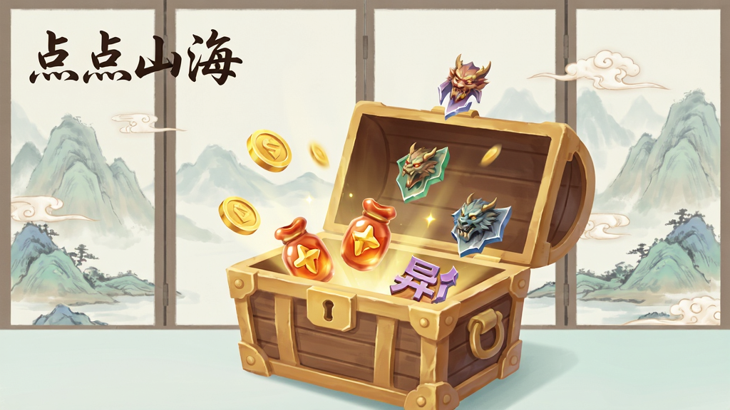 一幅展示手机放置类游戏收益结算界面的插画,画面中央是一个古风宝箱缓缓打开,金币、经验丹、异兽碎片等物品漂浮飞出,背景是淡雅的山水画屏风,画面左上角写有“点点山海”字样,整体风格清新明快,布局简洁,画质干净,无多余元素。